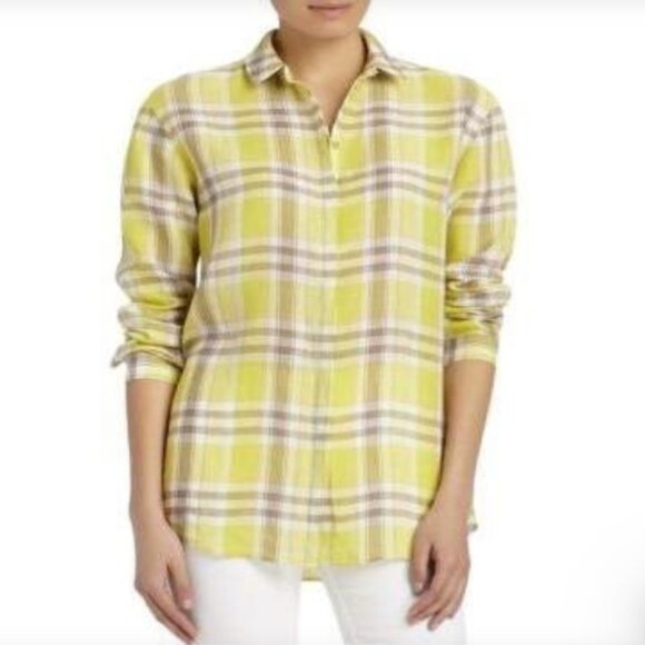 Lafayette 148 Large Parrot Green 100% Linen Plaid Relax Sabira Button Up Preppy - Picture 1 of 11